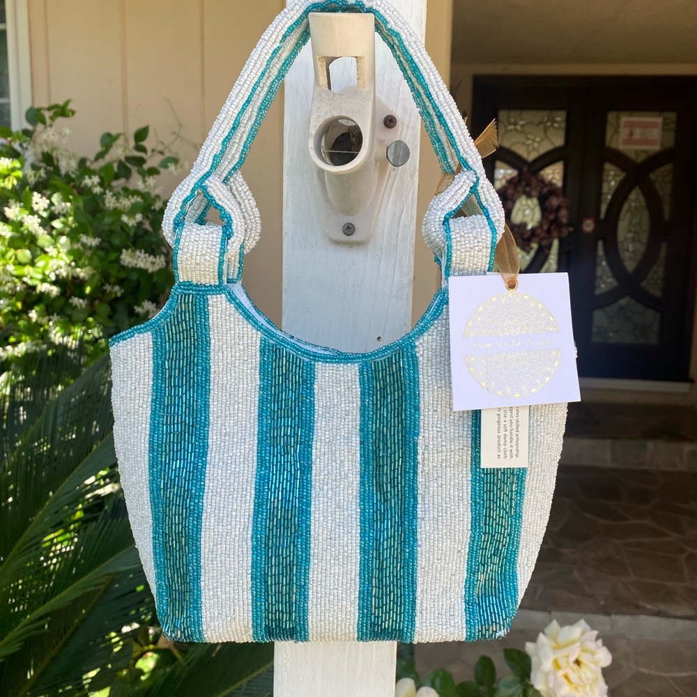 Viral TJ Maxx/Marshalls Handcrafted in India Striped Teal Beaded Handbag/Purse